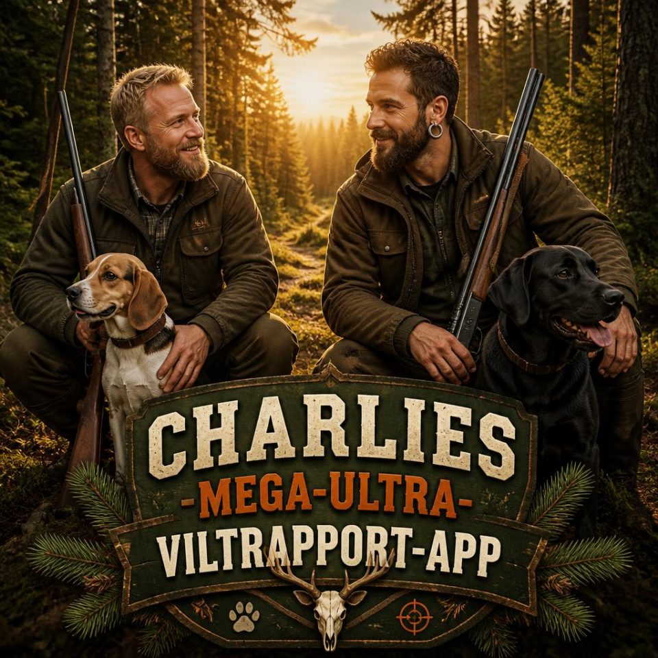Två jägare med gevär sitter i granskogen i solnedgången med en beagle och en svart labrador. Skylt: Charlies mega-ultra-viltrapport-app